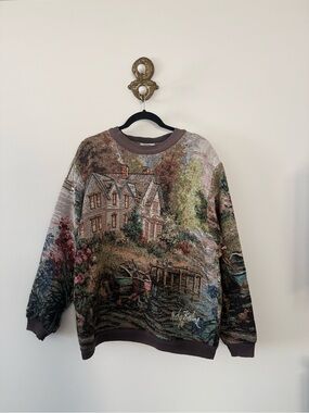 Vintage women’s tapestry blanket sweater with landscape art (RARE)